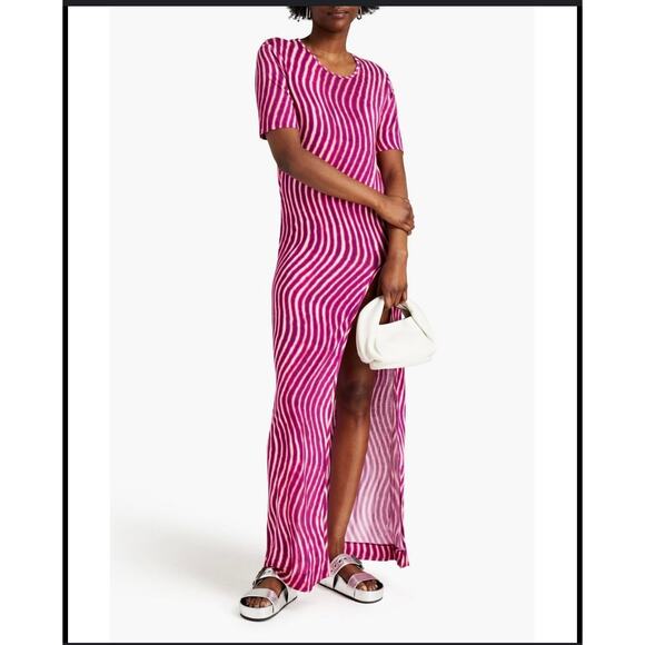 Dries Van Noten Len Lye Pink Striped Print Slit Jersey Maxi Dress Size L - Picture 1 of 13